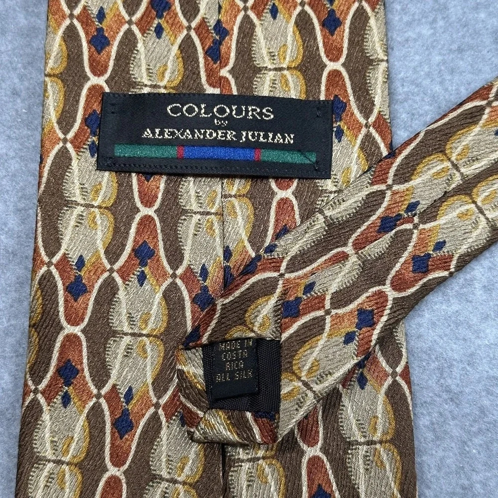 Vintage Alexander Julian Colours Silk Tie Geometric‎ Brown Gold USA 55x4 in